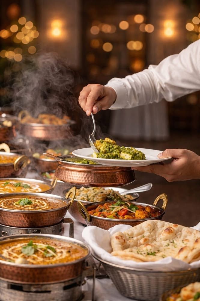Indian vegetarian catering buffet — copper serving dishes with curries and naan